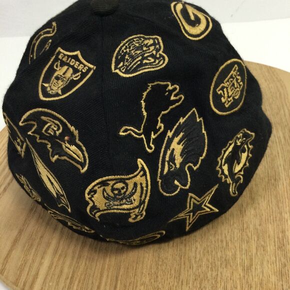 Reebok NFL All Over Team Logos Fitted Baseball Hat Black Gold Size 7 1/4 - Picture 3 of 16